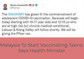 Malaysia To Start Vaccinating Teens, Said Health Minister