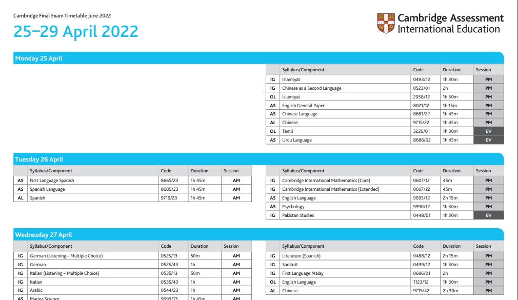 Cambridge IGCSE June 2022 timetable