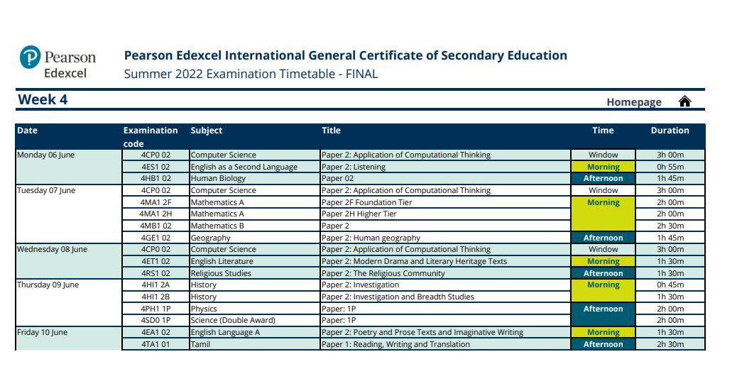 Pearson Edexcel IGCSE June 2022 timetable